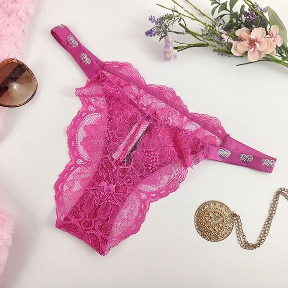 LARGE {Victoria's Secret} Lace Heart Bling Brazilian Panty - Picture 2 of 6